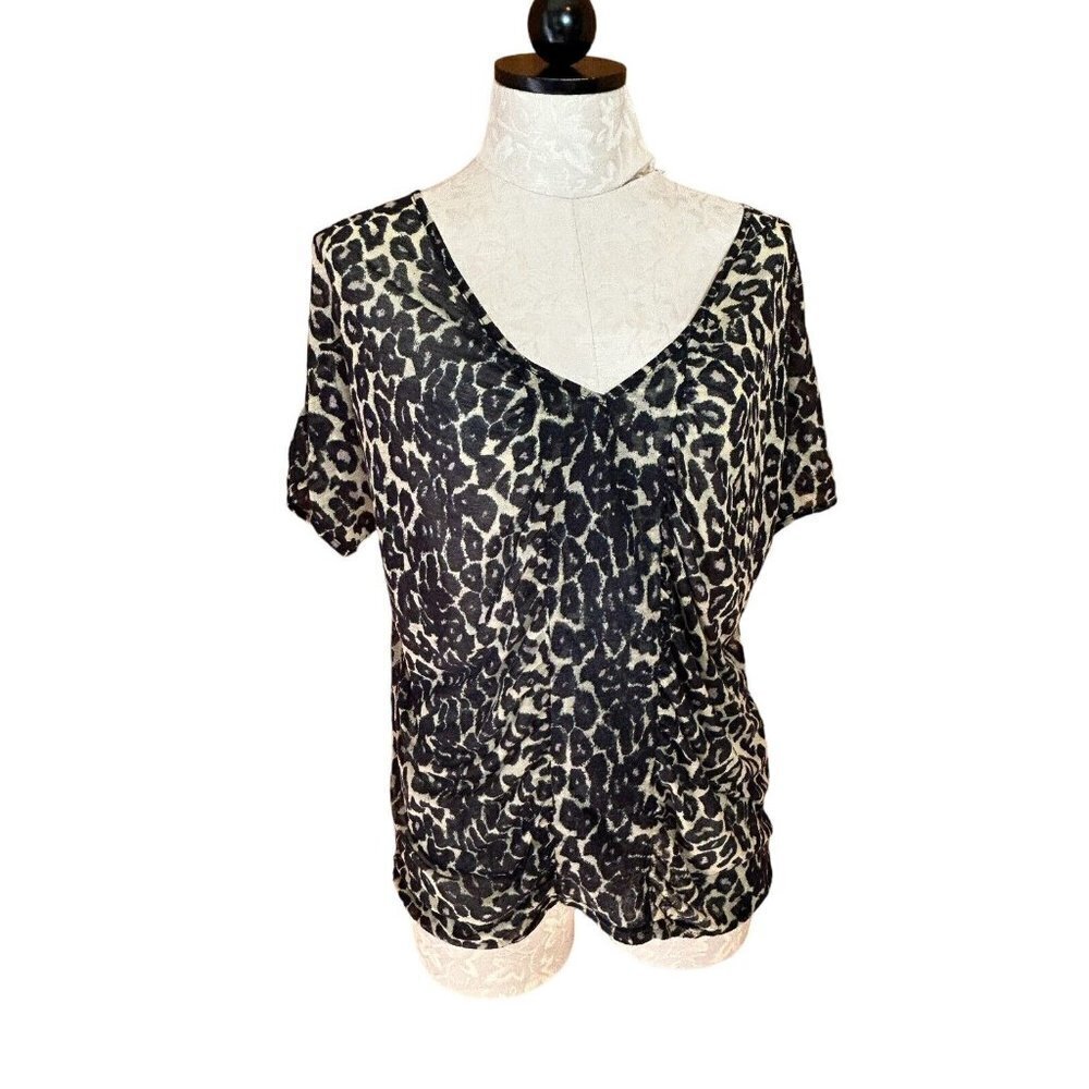 MINK PINK Womens Cheeta Blue Print Blue Sheer Blouse V-Neck Size M